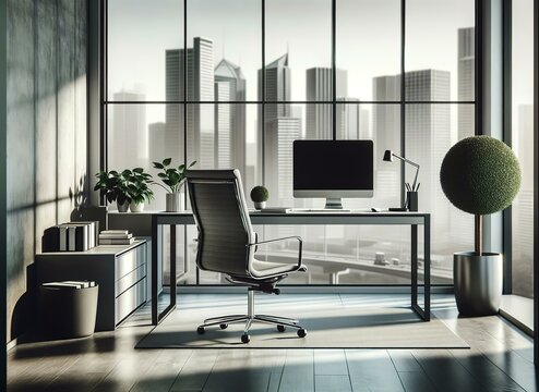 Elegant professional workspace with sleek furniture and a city view.Warm home concept. AI generated.