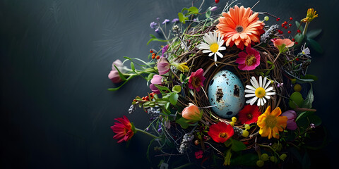 Obraz na płótnie Canvas A cute small nest with colorful flowers on dark background for Easter concept 