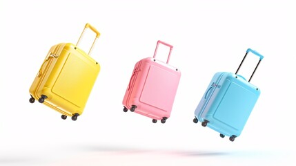 Vibrant suitcase soaring against a blank canvas, representing a unique and imaginative travel experience.