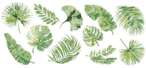 set of tropical exotic jungle leaves in green wet watercolor. - obrazy, fototapety, plakaty