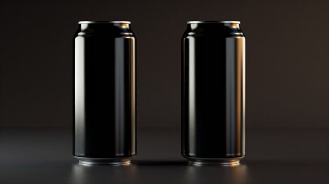 3D illustration of two black classic aluminum soda cans on dark background.