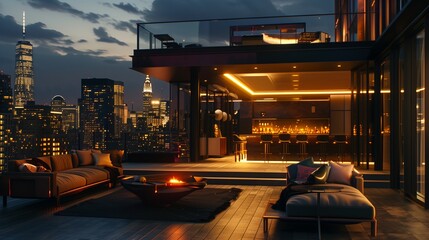 A modern rooftop lounge with sleek, contemporary furniture, a sleek bar, and panoramic views of the city skyline illuminated against the night sky.