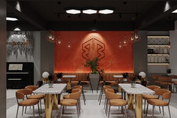 cafe view in chocolate brown chairs with table and texture background with led lighting