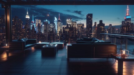 A modern rooftop lounge with sleek, contemporary furniture, a sleek bar, and panoramic views of the city skyline illuminated against the night sky.