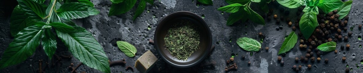 Herbal ingredients and spices with a focus on green living and wellness - obrazy, fototapety, plakaty