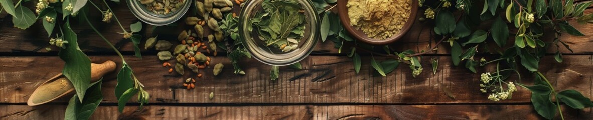 Herbal ingredients and spices with a focus on green living and wellness - obrazy, fototapety, plakaty