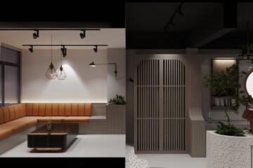 Interior of a Modern Scandi-Style Restaurant with brown sofa