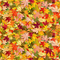 Naklejka na ściany i meble Seamless pattern illustration high angle view of colorful autumn leaves on the forest floor multi colored fall themed background