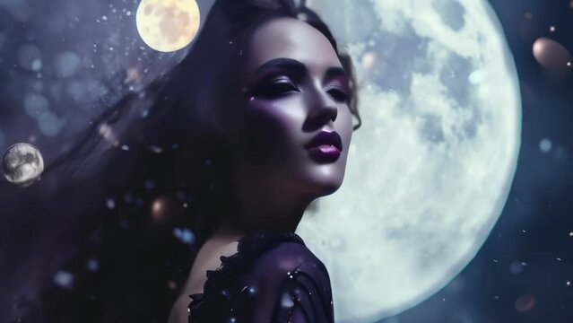 A woman with a dramatic purple and black makeup look stands in front of a large, full moon, her dark hair cascading down her back. The silver particles floating around her give her an enchanted,
