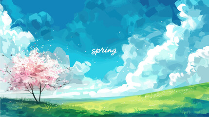 Obraz premium Rural spring landscape with a river and green meadows. Vector watercolor illustration