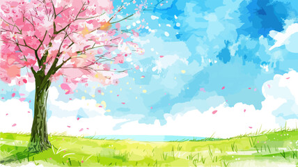 Obraz premium Rural spring landscape with a river and green meadows. Vector watercolor illustration