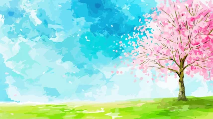 Fototapeten Rural spring landscape with a river and green meadows. Vector watercolor illustration © Alice
