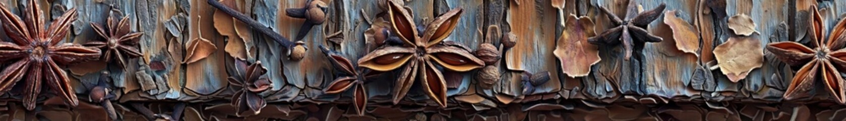 Kaleidoscope of spices Cloves cinnamon star anise macro rich textures on rustic wood