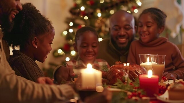 Multi-Generational Family Members Share Funny Stories and Joy During a Christmas Turkey Dinner. Happy Parents and Kids Singing Christmas Carols Together
