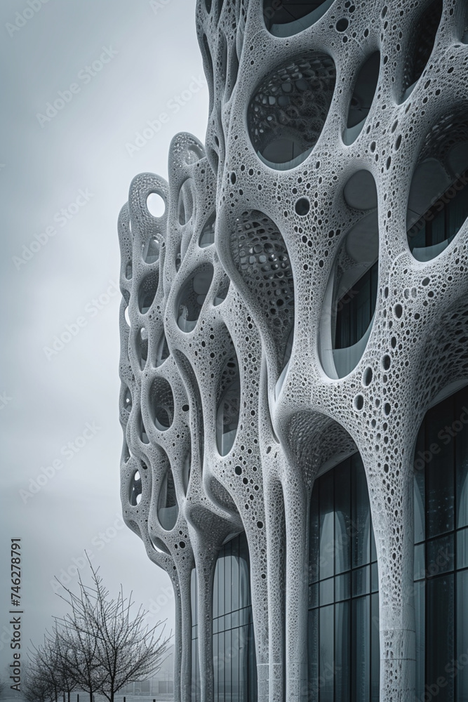 Poster A cutting-edge, architectural structure inspired by the intricate patterns of burdock burrs, set in a modern urban environment,