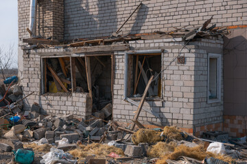 Consequences of a rocket explosion on a private house. War in Ukraine. Remains of a private house in the city of Dnipro. Consequences of shelling of peaceful Ukrainian cities by the Russian army.
