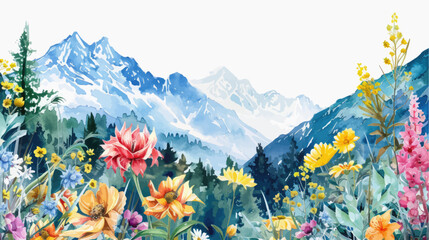 Rural spring landscape with a river and green meadows. Vector watercolor illustration - obrazy, fototapety, plakaty