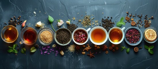 This image shows a diverse selection of tisanes in cups alongside their ingredients, showcasing the different flavors and types on a dark background. - obrazy, fototapety, plakaty