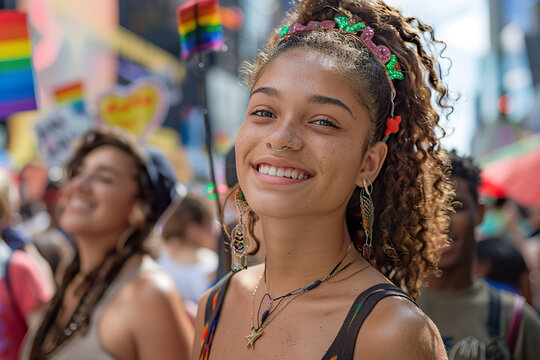 A young woman's beaming smile radiates confidence and happiness during a vibrant pride parade. 