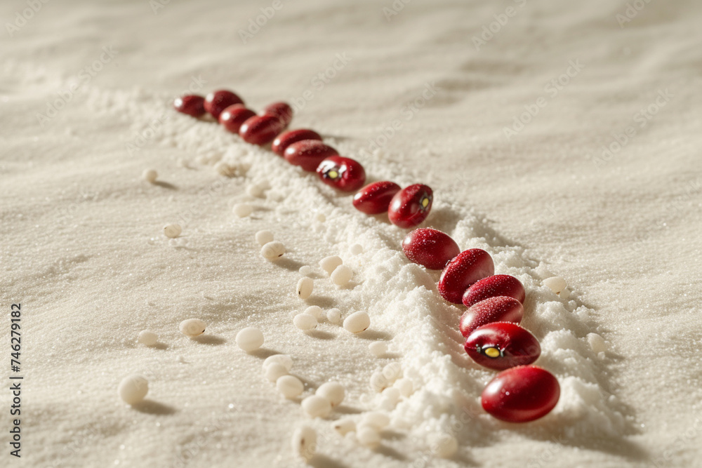 Poster a minimalist scene with a handful of kidney beans arranged to resemble a minimalist landscape on a v