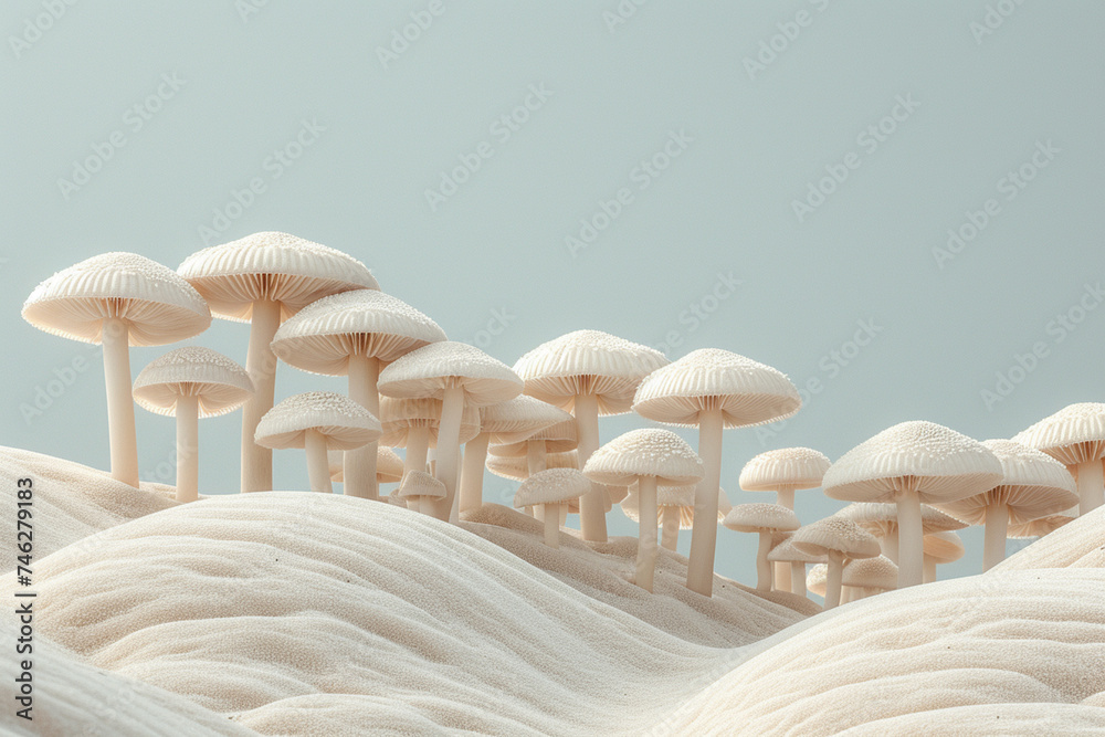 Poster A minimalist scene with of mushrooms arranged to resemble a minimalist landscape on a vast canvas,