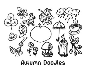 Autumn doodle vector illustrations. Fall theme hand drawn black line style. Autumn season cartoon drawing style.