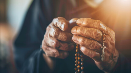 Closeup of monk's hands holding a rosary