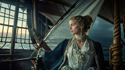 A young woman aboard a 17th century sailing ship