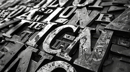 Old metallic letterpress type and symbols