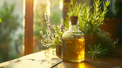 Obraz na płótnie Canvas Herbal oils and plants on a wooden table