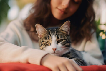 Close-up photo of young woman using laptop and stroking her cat while her cat taking nap next to her in backyard at home