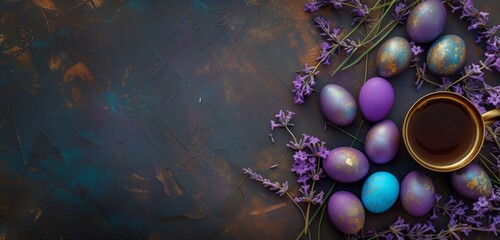 Purple, blue and golden eggs with lavender on a dark background