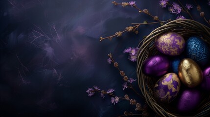 Purple, blue and golden eggs in a basket on a dark background