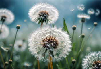 White fluffy airy dandelions, blurred spring background, selective focus. 