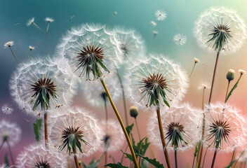 White fluffy airy dandelions, blurred spring background, selective focus. nature illustration