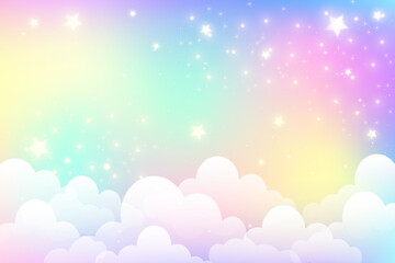 Fototapeta premium Rainbow unicorn pastel background with glitter stars. Pink cloudy fantasy sky. Cute holographic space. Fairy iridescent gradient backdrop. Vector