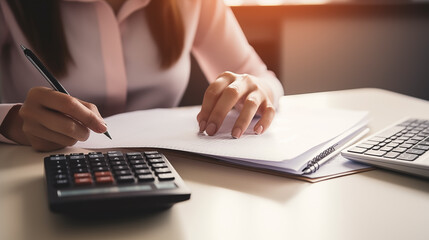 Business woman working with financial data hand using calculator and writing make note with calculate.