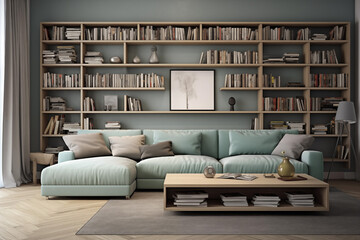 Living room interior with large sofa, bookshelves, coffee table, wooden floor.