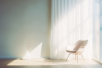 White armchair near light curtain in minimal interior.