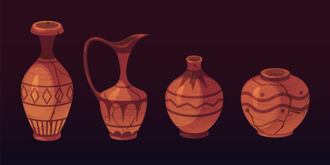 Ancient vases set isolated on black background. Vector cartoon illustration of antique pottery, vessels with cracks and ornament patterns, brown clay jar, amphora, ceramic urn, history museum exhibits