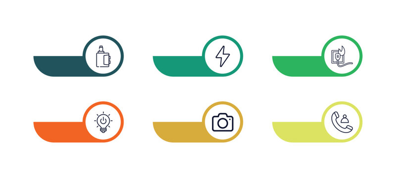 outline icons set from technology concept. editable vector included electronic cigarette, green flash, electric socket on fire, light bulb turned off, photograph camera, email agenda icons.