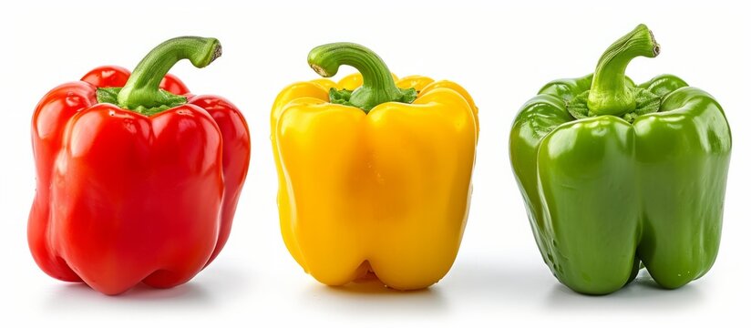 Vibrant and colorful composition of three red peppers and one yellow bell pepper