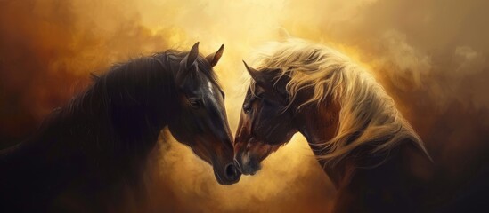 Two horses are depicted facing each other, showcasing a powerful and heartwarming bond of friendship. The horses stand gracefully, their eyes locked on each other, embodying the strength and beauty of