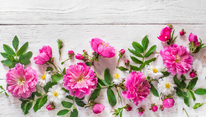 Petals and Wood: Pink Flowers Arranged on White Wooden Surface