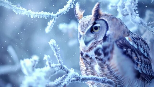 Closeup of an owls face its feathers fluffed up against the cold as it sits perched on a frosty branch in a winter wonderland.
