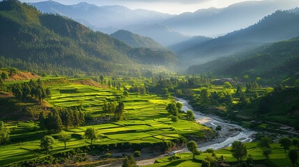 The breathtaking beauty of Swat Valley captured in a single frame, with emerald-green meadows, majestic mountains, and a meandering river. 