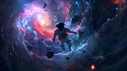 Astronaut at spacewalk. Cosmic art, science fiction wallpaper. Beauty of deep space. Billions of galaxies in the universe