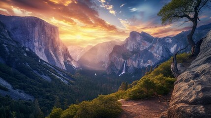 The grandeur of Yosemite Valley in California, USA, with its iconic granite cliffs, waterfalls, and meandering rivers.  - obrazy, fototapety, plakaty