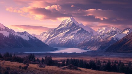 The mighty Aoraki/Mount Cook in New Zealand, surrounded by an alpine wonderland. A serene dawn paints the sky with pastel shades, illuminating the snow-covered slopes and the surrounding peaks.