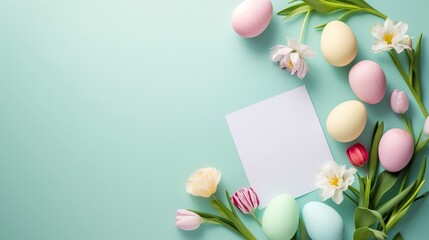 Easter eggs, flowers, paper blank on pastel blue background